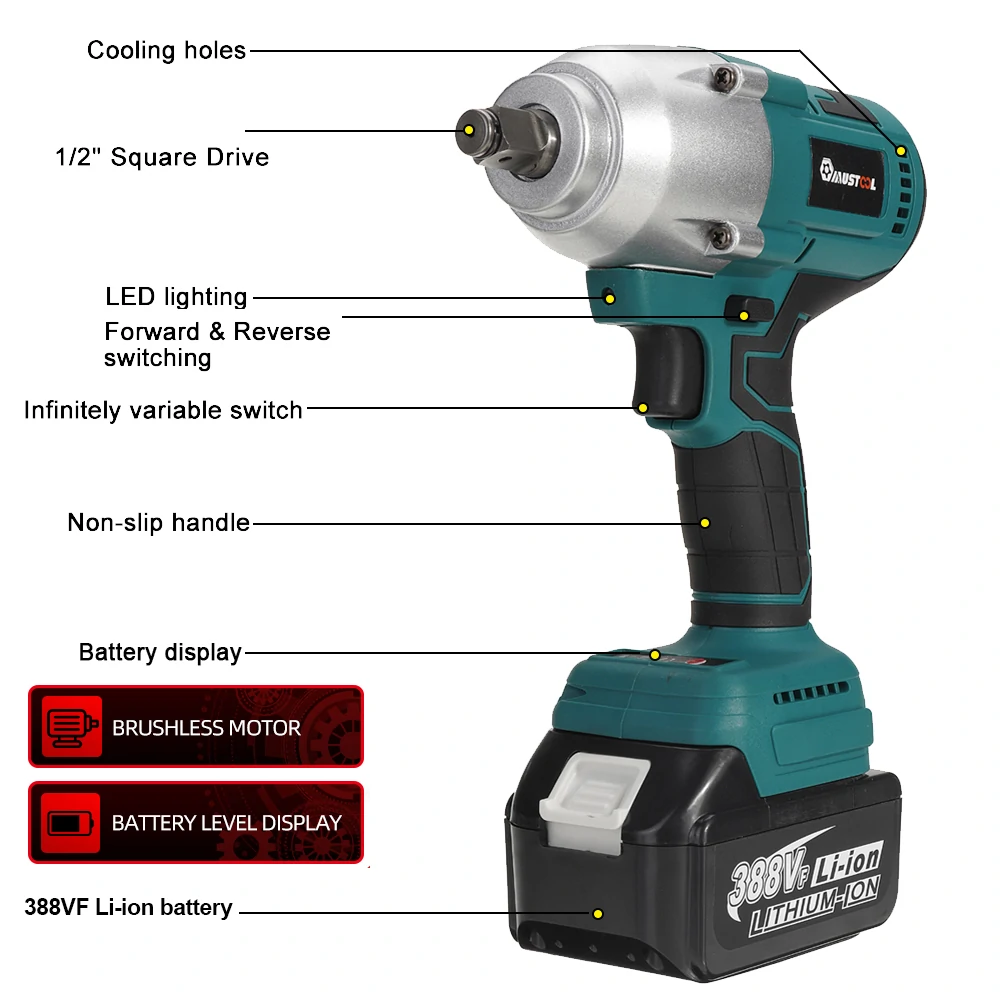 MUSTOOL 1600N.M Electric Impact Wrench Brushless Rechargeable Car Tires Power Tools