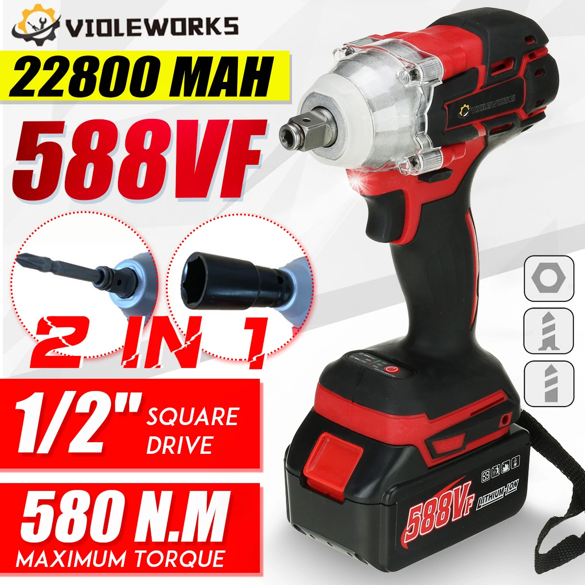 VIOLEWORKS 580N.M 2 in 1 Electric Cordless Brushless Impact Wrench Driver Socket Screwdriver