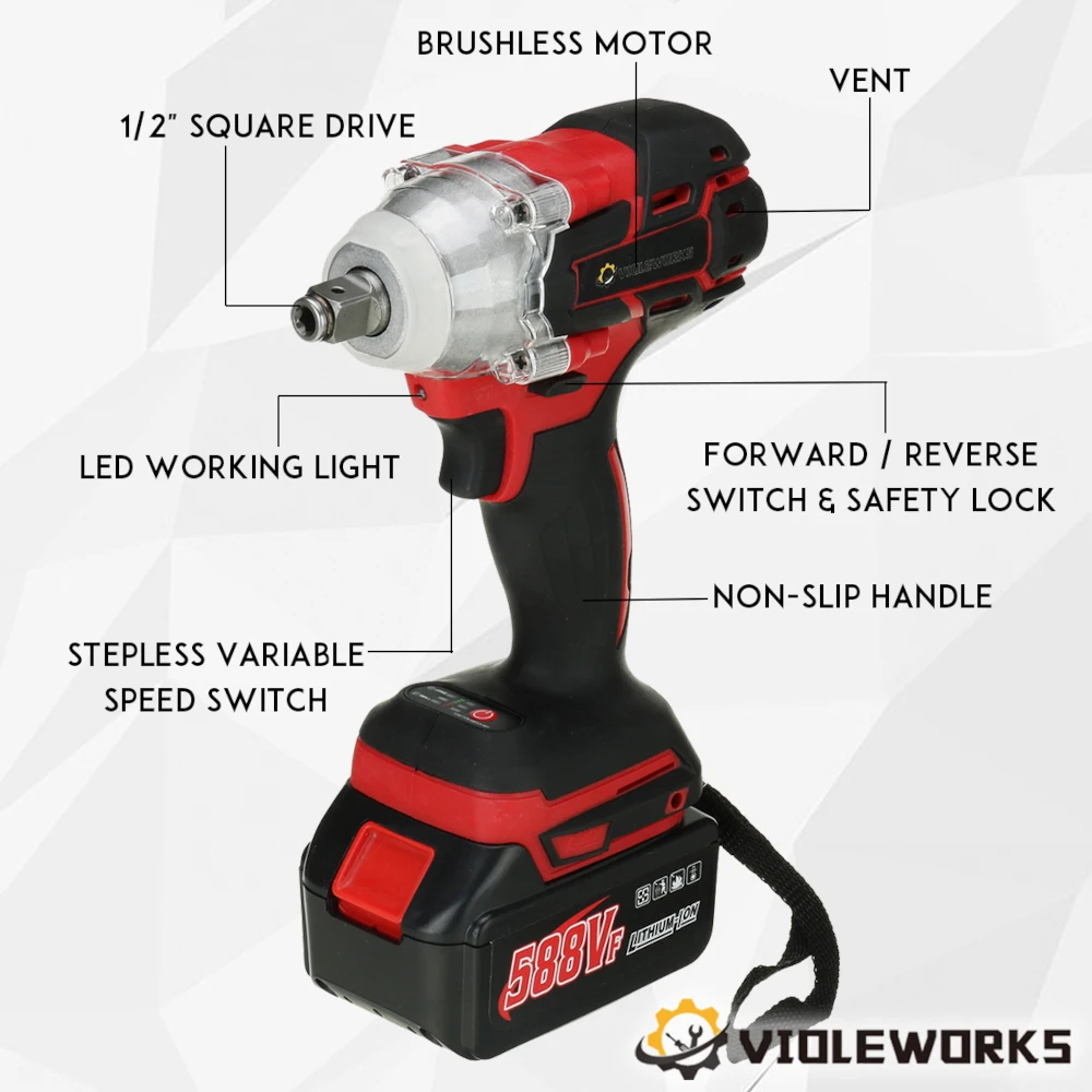 VIOLEWORKS 580N.M 2 in 1 Electric Cordless Brushless Impact Wrench Driver Socket Screwdriver