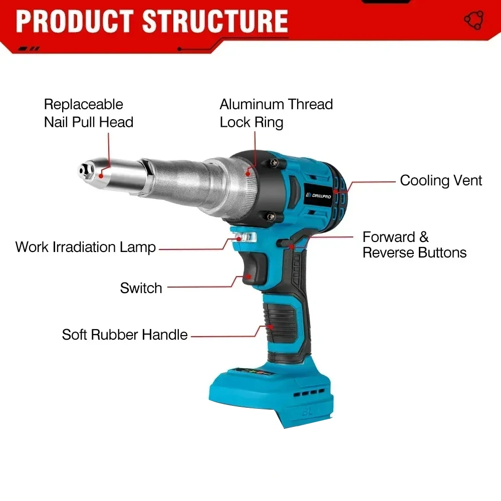 Drillpro 720W Brushless Electric Rivet Gun High Power Cordless Tool with 2000RPM Speed 588N.M Torque Suitable for 2.4~5.0mm Rivets Compatible with Mak 18V Battery Powerful Efficient Versatile