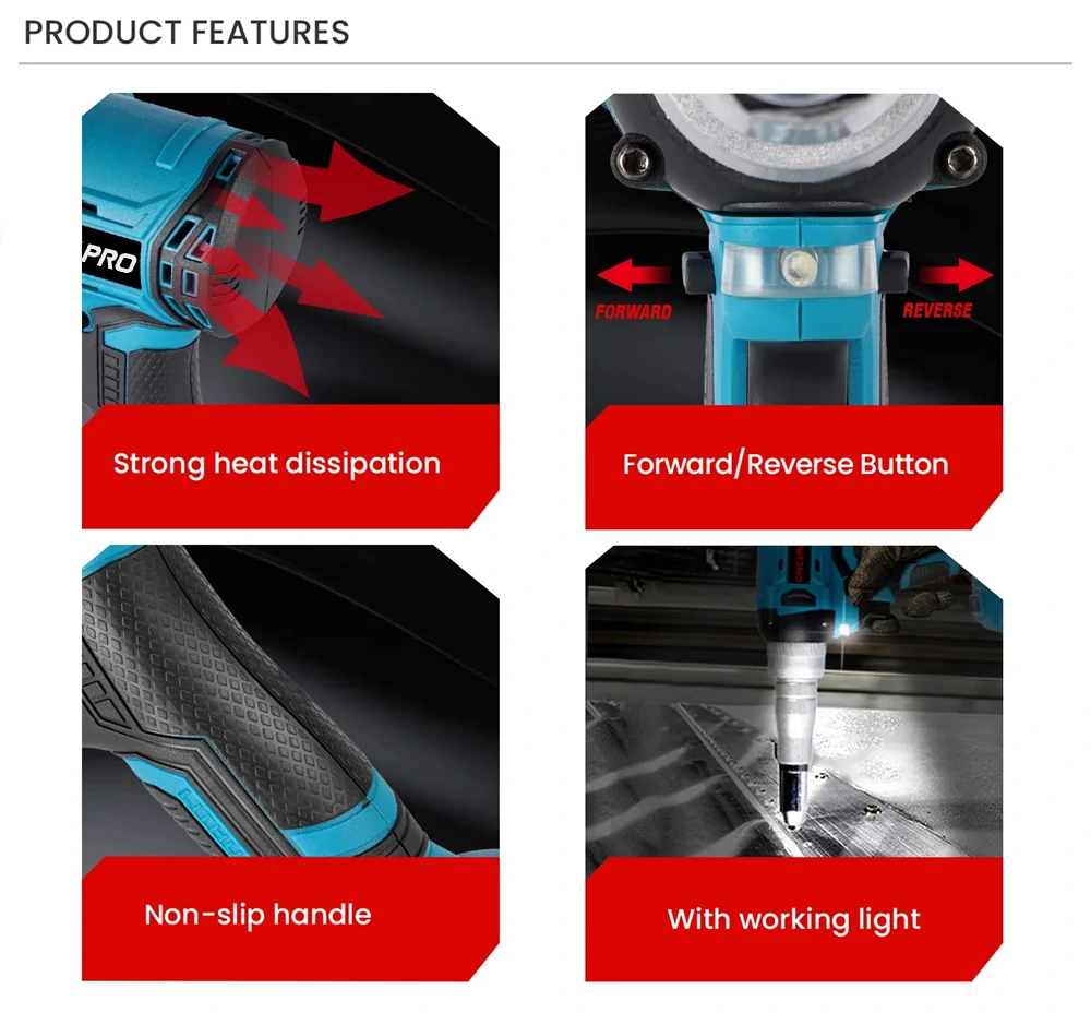 Drillpro 720W Brushless Electric Rivet Gun High Power Cordless Tool with 2000RPM Speed 588N.M Torque Suitable for 2.4~5.0mm Rivets Compatible with Mak 18V Battery Powerful Efficient Versatile