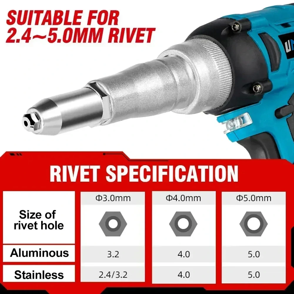 Drillpro 720W Brushless Electric Rivet Gun High Power Cordless Tool with 2000RPM Speed 588N.M Torque Suitable for 2.4~5.0mm Rivets Compatible with Mak 18V Battery Powerful Efficient Versatile
