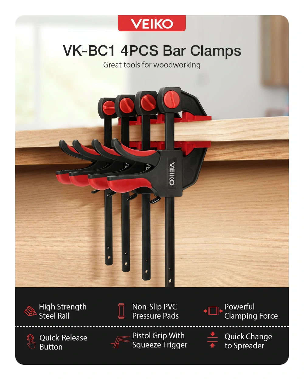 VEIKO 4Pcs 6/12inch Quick-Grip Bar Clamp One-Handed Clamp Spreader Light-Duty Quick-Change F Clamp with 100KG Load Limit Woodworking Clamp
