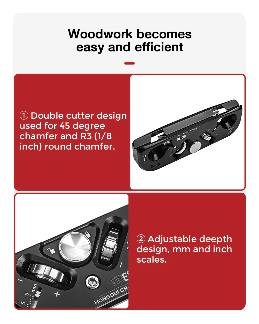 HONGDUI Woodworking Chamfer Plane with 3 Replacement Carbide Insert Double Cutter Edge Corner Plane Chamfering Planer for Quick Edge Trimming of Wood