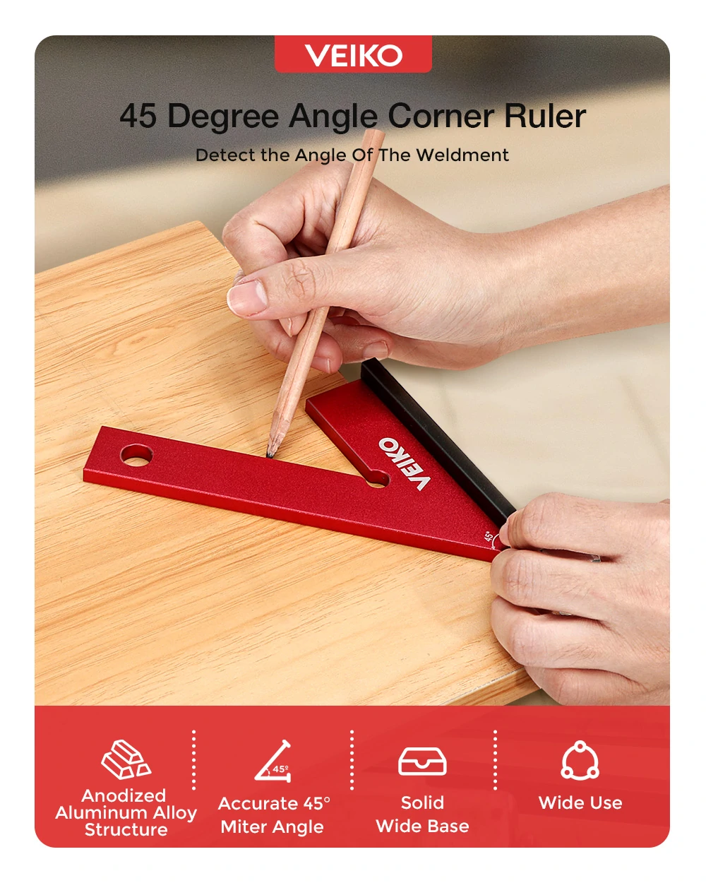 ENJOYWOOD Aluminum Alloy Miter Square with Base 45 Degree Right Angle Ruler Miter Angle Corner Ruler Woodworking Measuring Tools