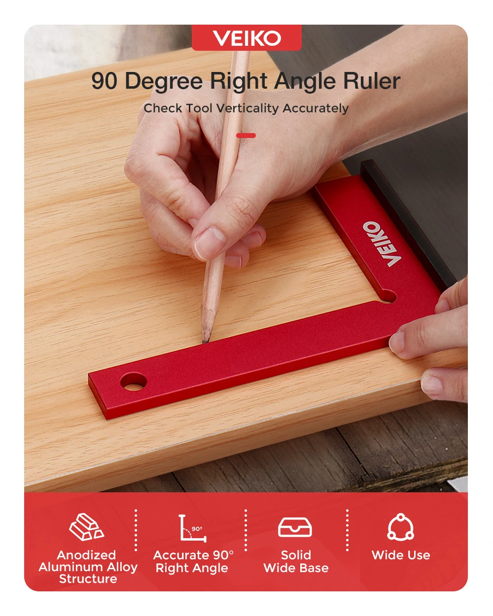 VEIKO Aluminum Alloy 150X100MM Square Ruler 90 Degree Right Angle Ruler With Solid Wide Base Check Tool Verticality Accurately