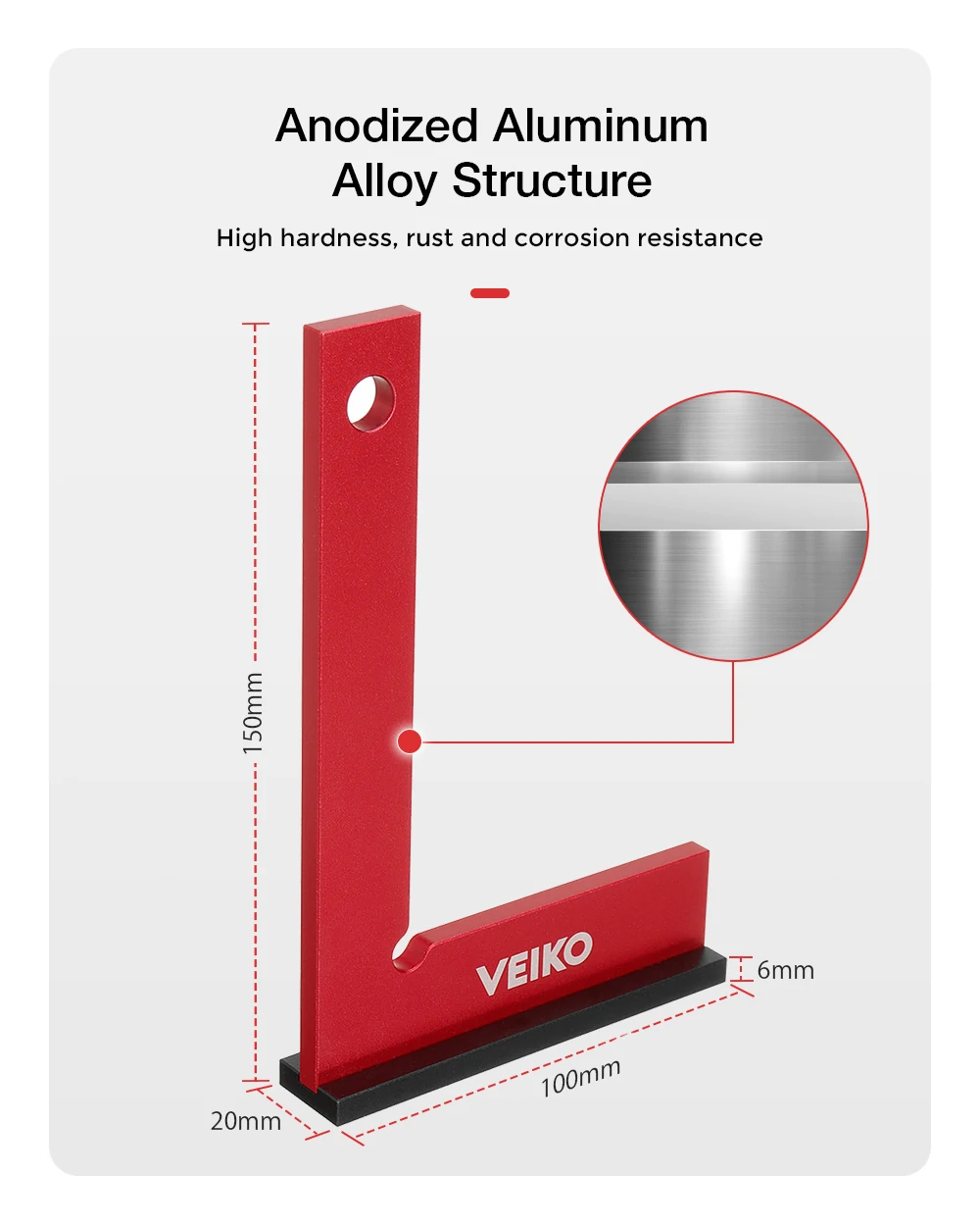 VEIKO Aluminum Alloy 150X100MM Square Ruler 90 Degree Right Angle Ruler With Solid Wide Base Check Tool Verticality Accurately