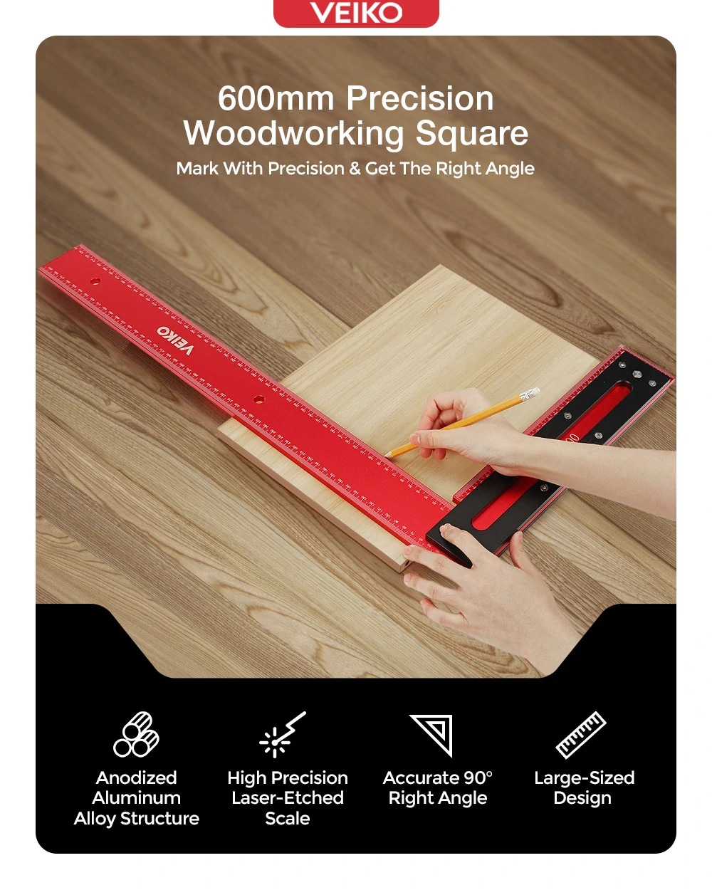VEIKO 600mm Aluminum Alloy Carpenter Square Framing Square Right Angle Ruler for Woodworking Square Setting Marking