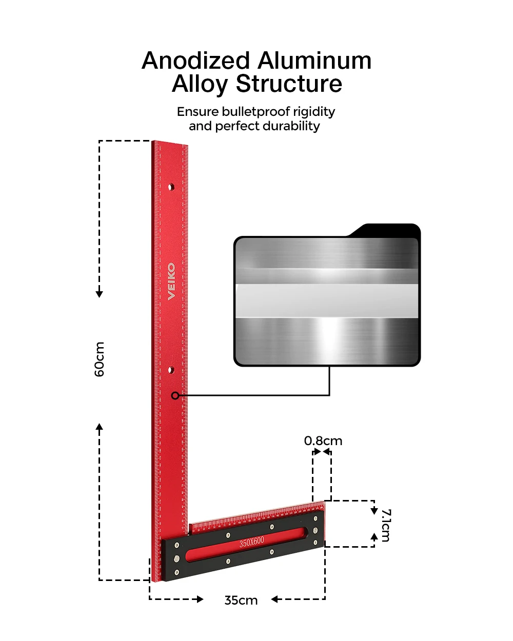 VEIKO 600mm Aluminum Alloy Carpenter Square Framing Square Right Angle Ruler for Woodworking Square Setting Marking