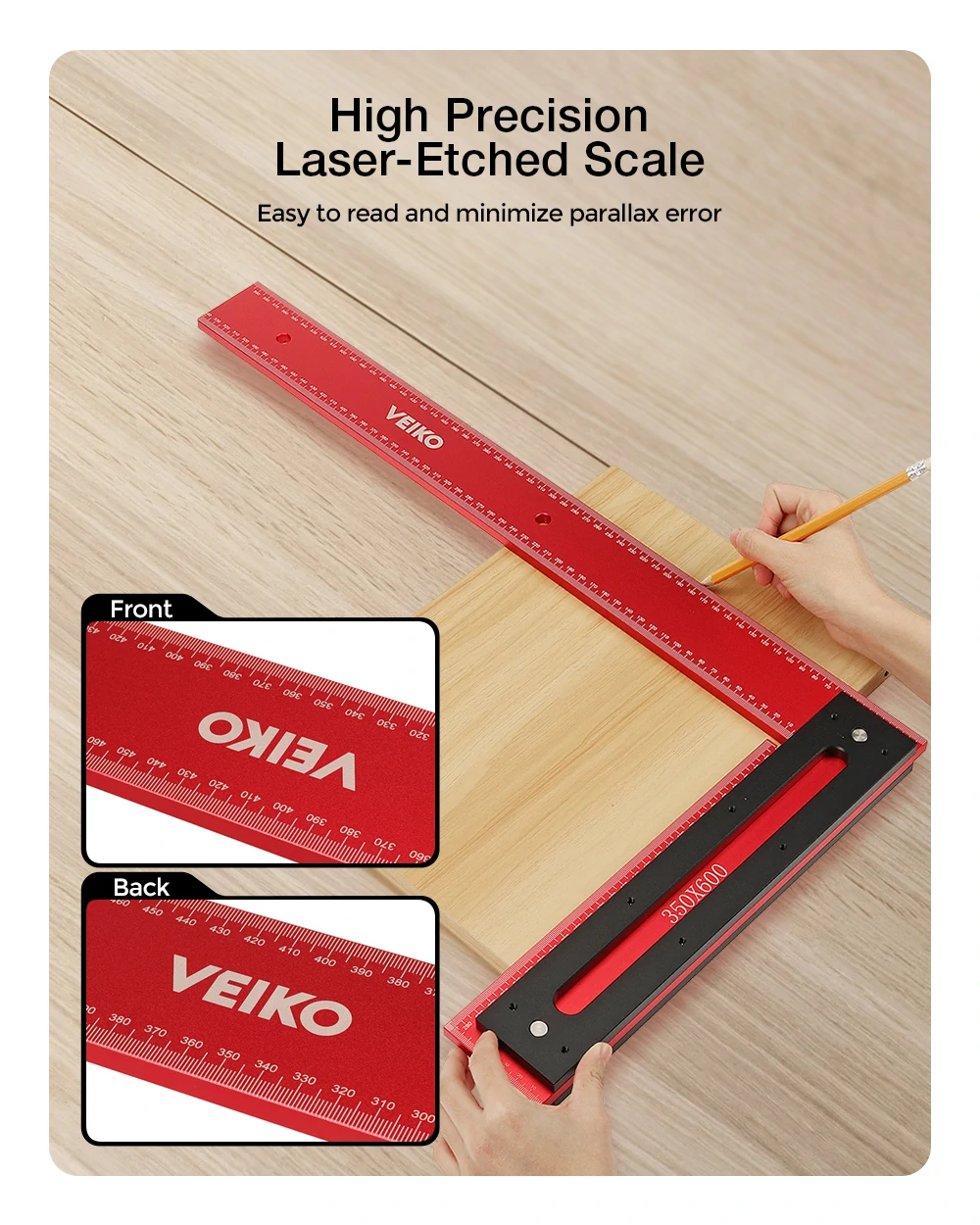 VEIKO 600mm Aluminum Alloy Carpenter Square Framing Square Right Angle Ruler for Woodworking Square Setting Marking