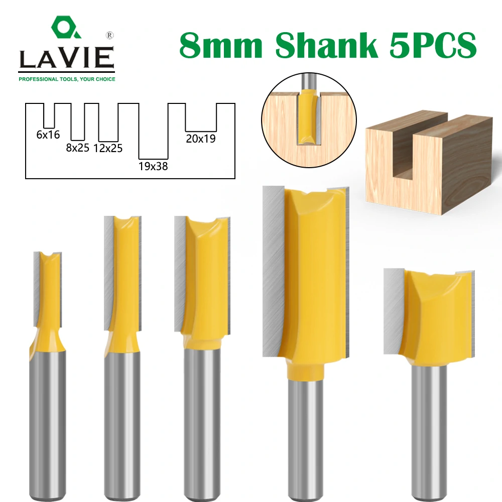 LAVIE 5pcs set 8mm Shank Straight Bit Tungsten Carbide Double Flute Router Bits Milling Cutter for Wood Woodwork Tool C08002T5A