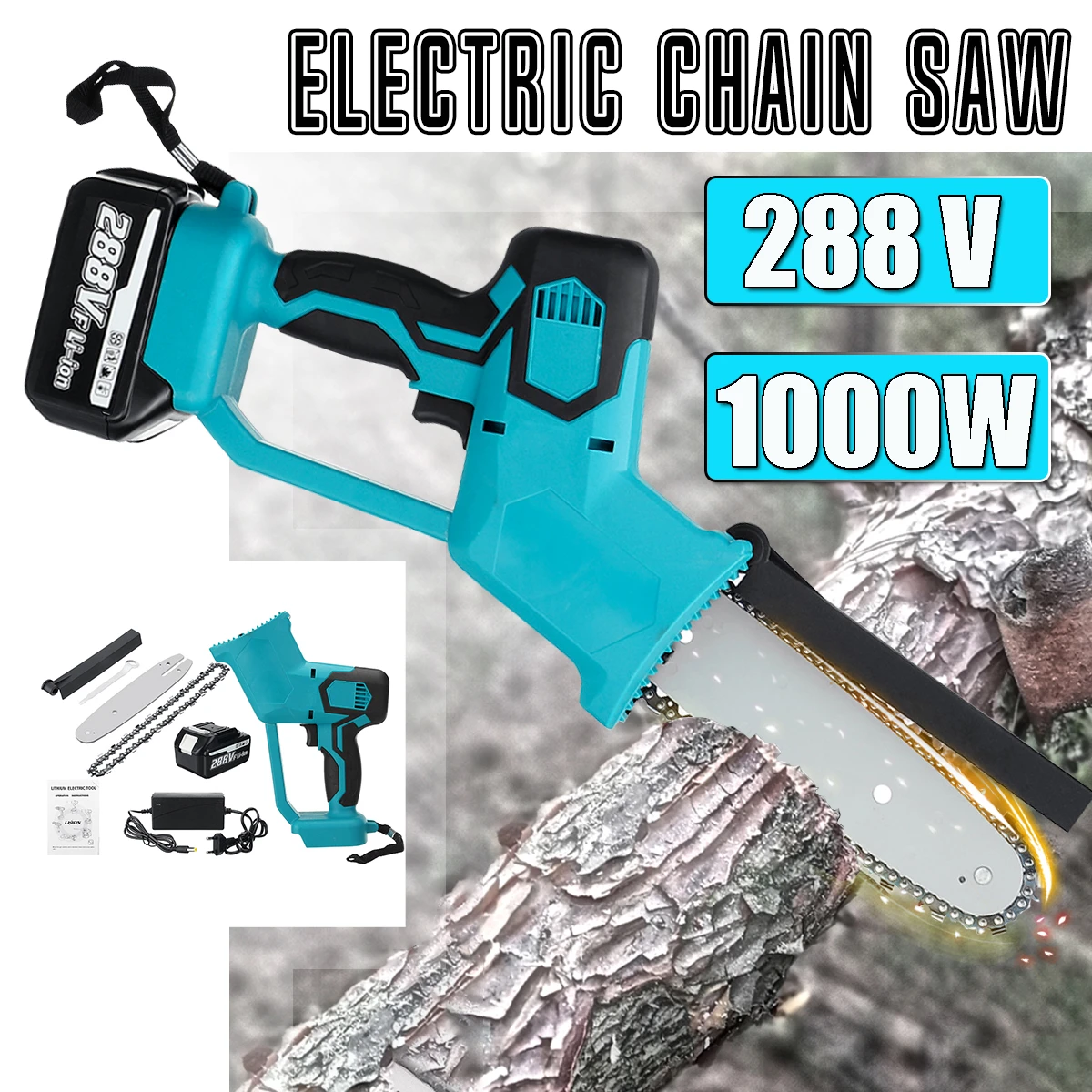 VIOLEWORKS 8inch 21V 1500W Electric Cordless One-Hand Saw Chain Saw Woodworking with Battery Kit