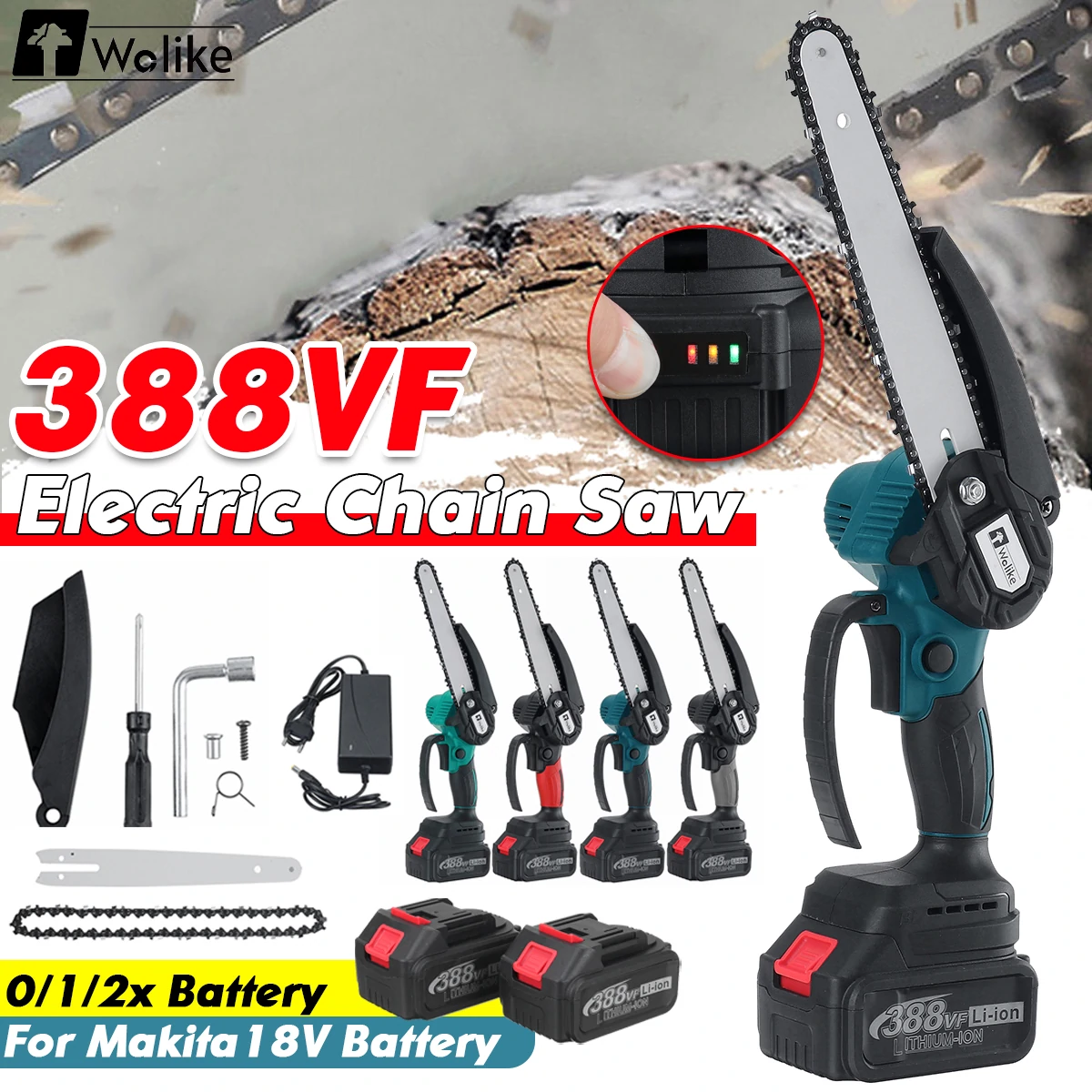 Wolike 388VF 8 Inch Cordless Electric Chain Saw One-Hand Wood Cutter Pruning Saws Garden Power Tools