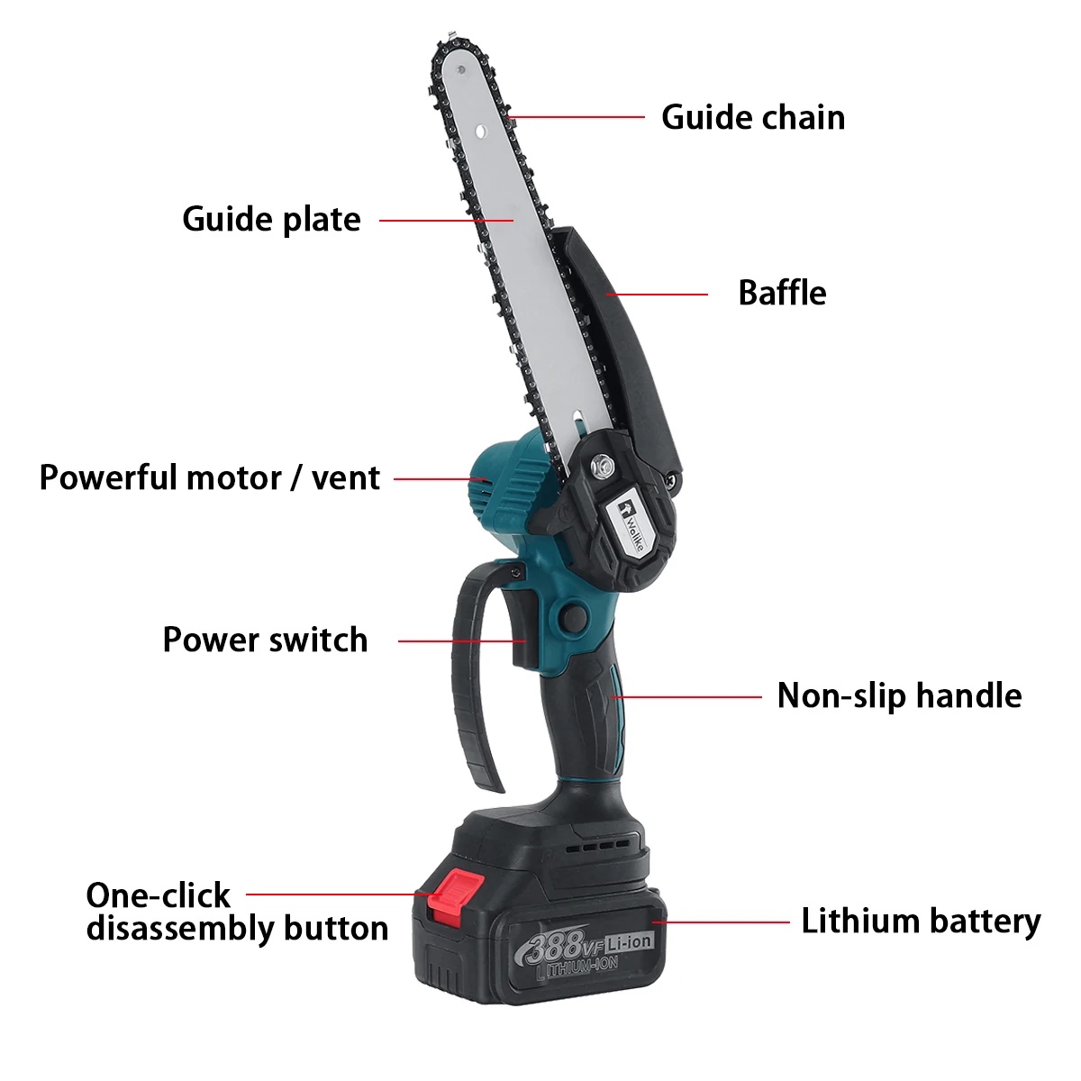 Wolike 388VF 8 Inch Cordless Electric Chain Saw One-Hand Wood Cutter Pruning Saws Garden Power Tools