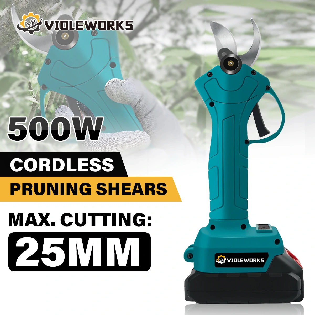 VIOLEWORKS Cordless Pruning Shears Garden Fruit Tree Bonsai Scissors 100W Power Efficient Durable Tungsten Blade with 1300mAh Battery for Horticultural Applications