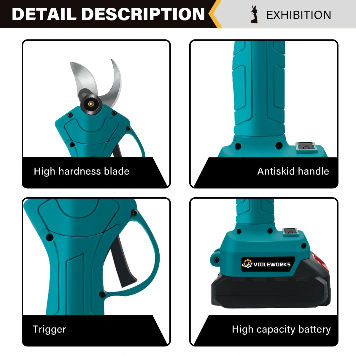 VIOLEWORKS Cordless Pruning Shears Garden Fruit Tree Bonsai Scissors 100W Power Efficient Durable Tungsten Blade with 1300mAh Battery for Horticultural Applications