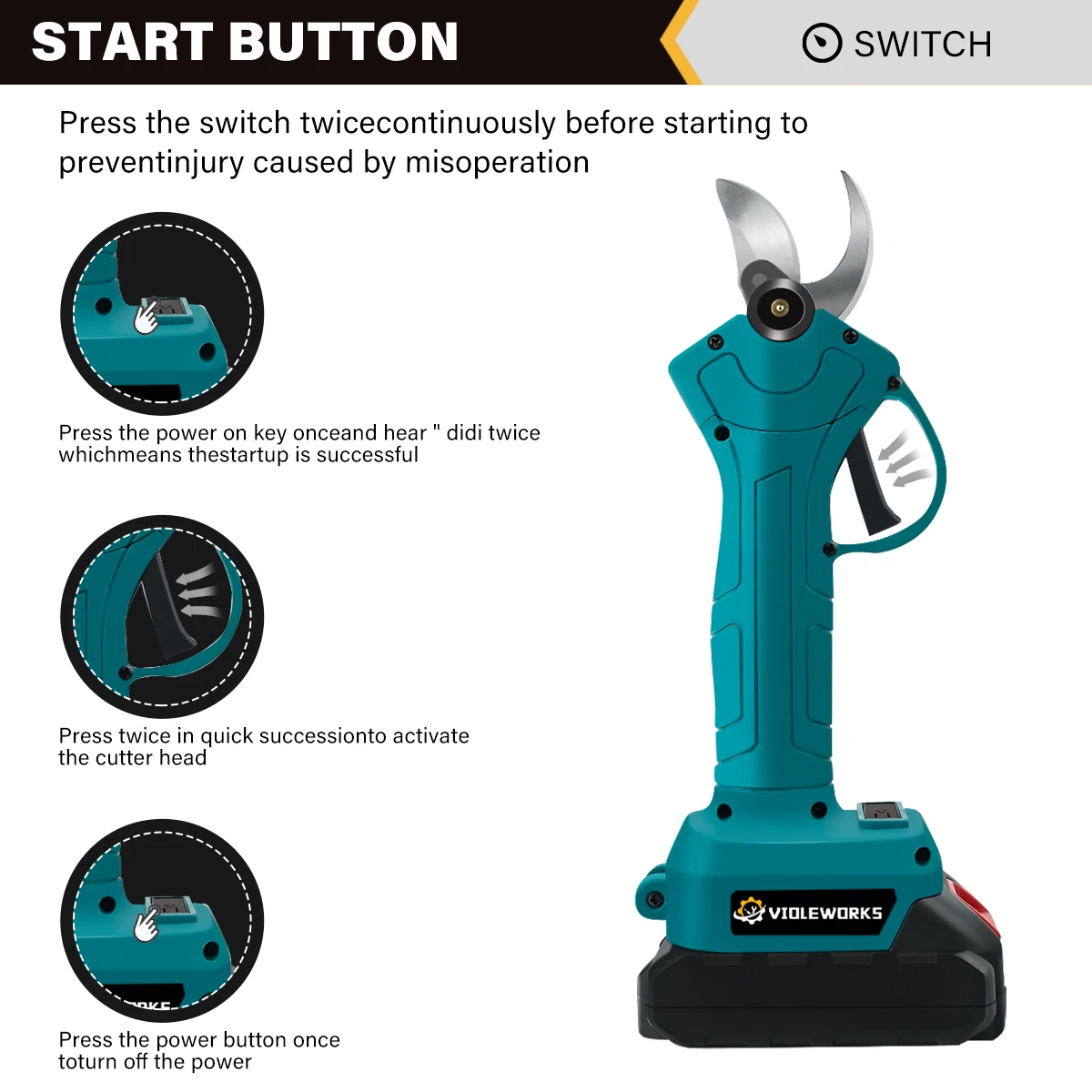 VIOLEWORKS Cordless Pruning Shears Garden Fruit Tree Bonsai Scissors 100W Power Efficient Durable Tungsten Blade with 1300mAh Battery for Horticultural Applications