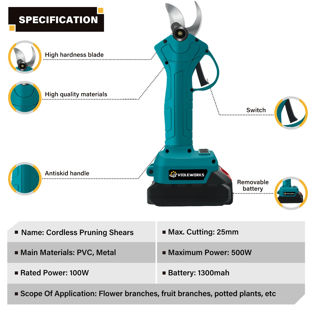 VIOLEWORKS Cordless Pruning Shears Garden Fruit Tree Bonsai Scissors 100W Power Efficient Durable Tungsten Blade with 1300mAh Battery for Horticultural Applications