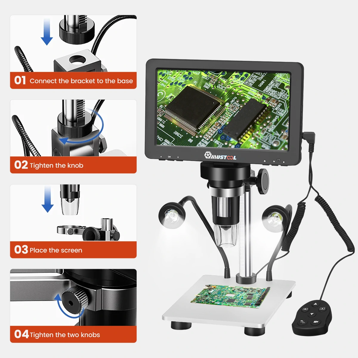 Mustool DM9 Digital Microscope 7-inch 1200X Magnifying w/Reflect cover High Resolution 1080FHD Video Adjustable LED Lights Manual Focus Remote Control Compatible with Windows and Ma OS