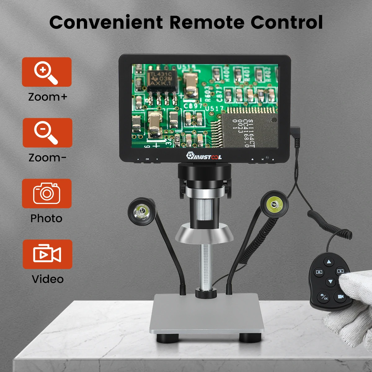 Mustool DM9 Digital Microscope 7-inch 1200X Magnifying w/Reflect cover High Resolution 1080FHD Video Adjustable LED Lights Manual Focus Remote Control Compatible with Windows and Ma OS