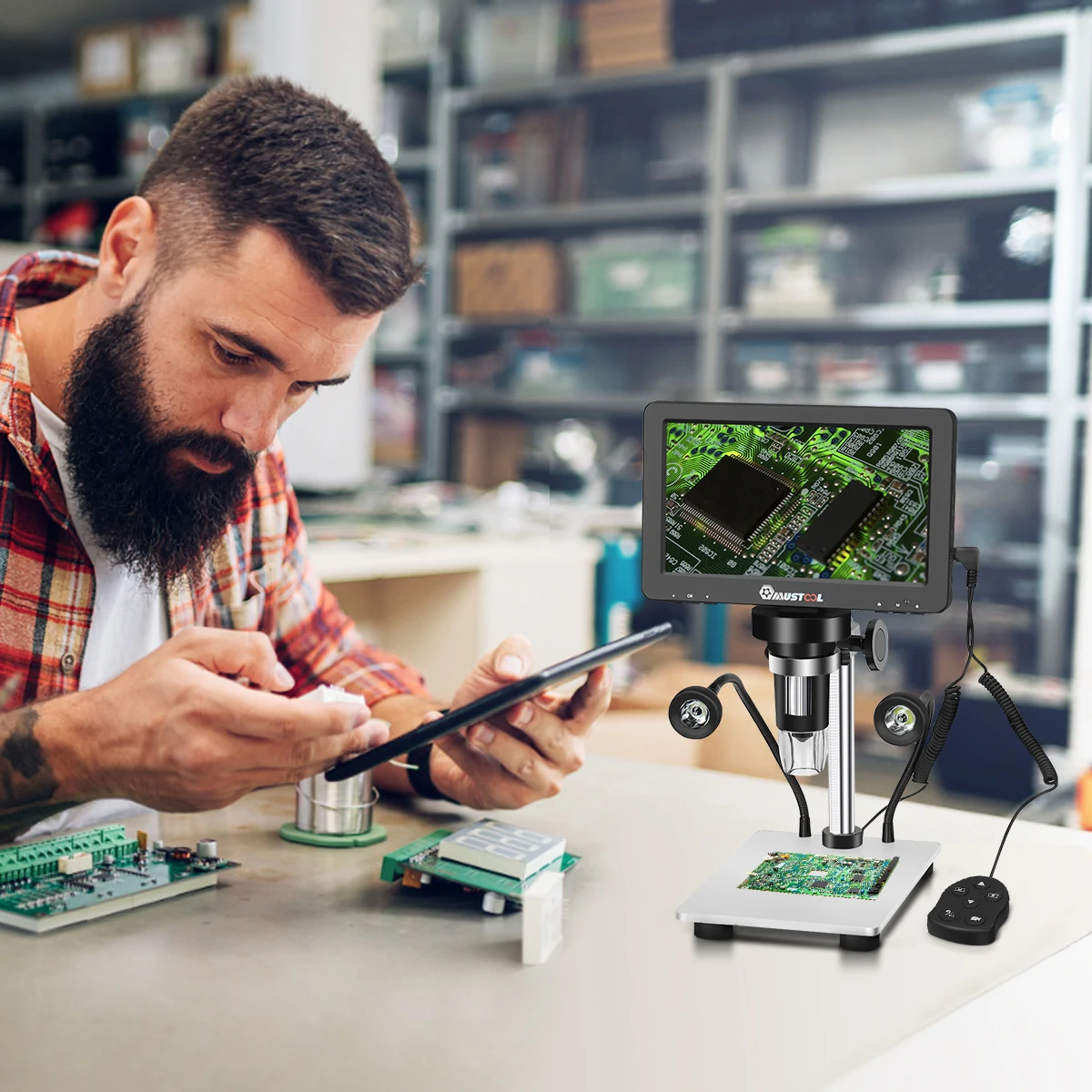 Mustool DM9 Digital Microscope 7-inch 1200X Magnifying w/Reflect cover High Resolution 1080FHD Video Adjustable LED Lights Manual Focus Remote Control Compatible with Windows and Ma OS