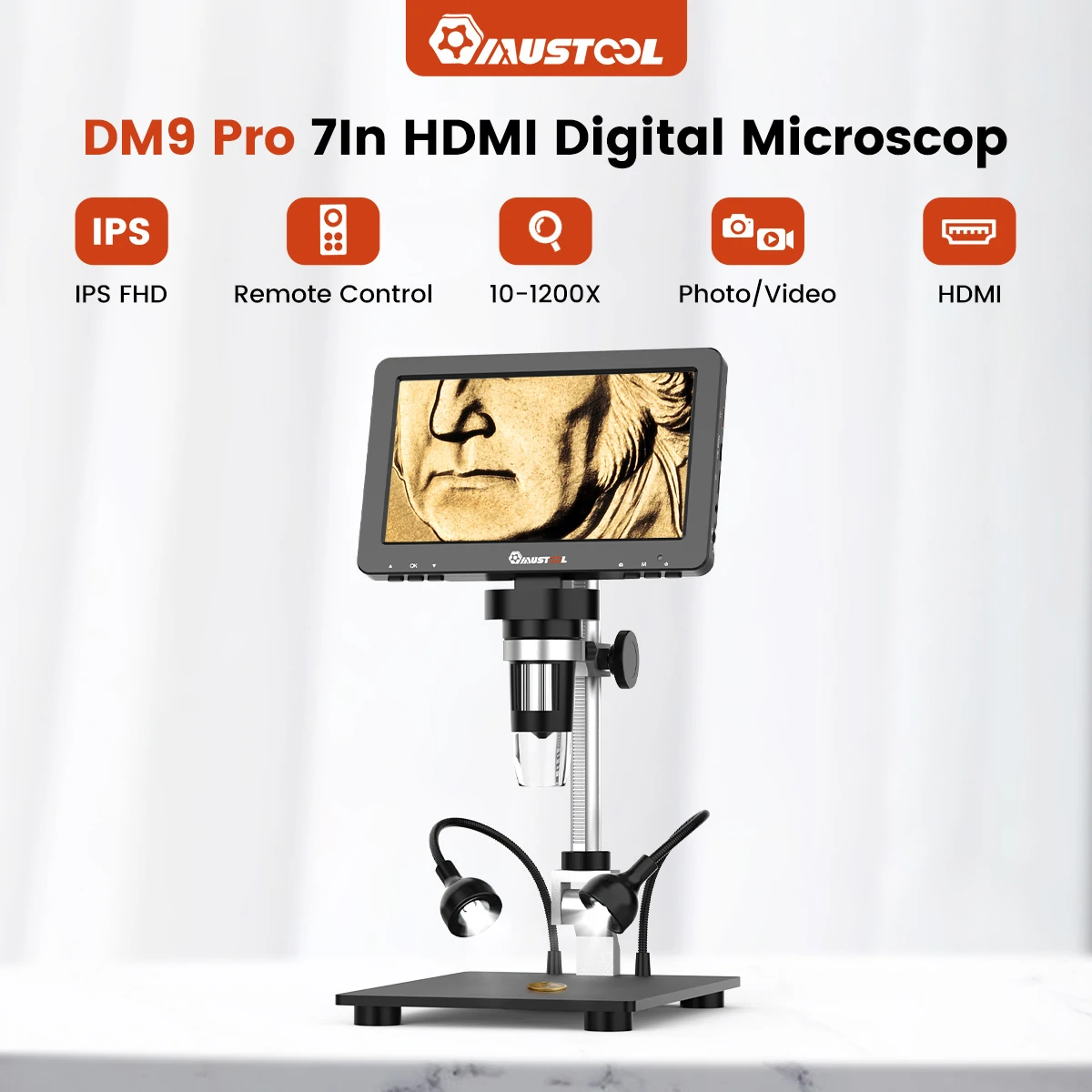 MUSTOOL DM9 Pro HDMI-compatible Digital Microscope w/eflect cover 7'' IPS Screen Microscopes 1200X Entire Coin View 16MP Professional Soldering Microscopio