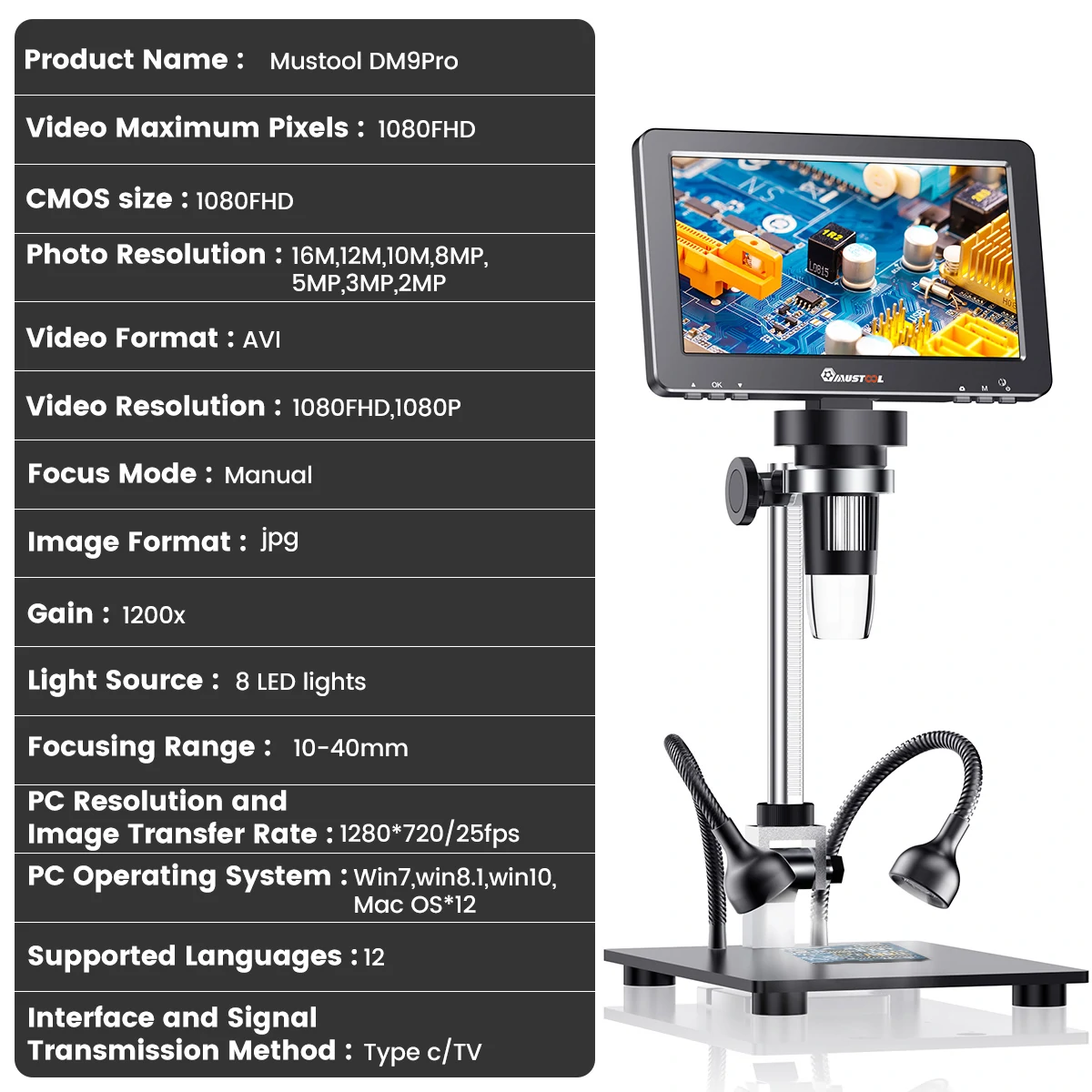 MUSTOOL DM9 Pro HDMI-compatible Digital Microscope w/eflect cover 7'' IPS Screen Microscopes 1200X Entire Coin View 16MP Professional Soldering Microscopio