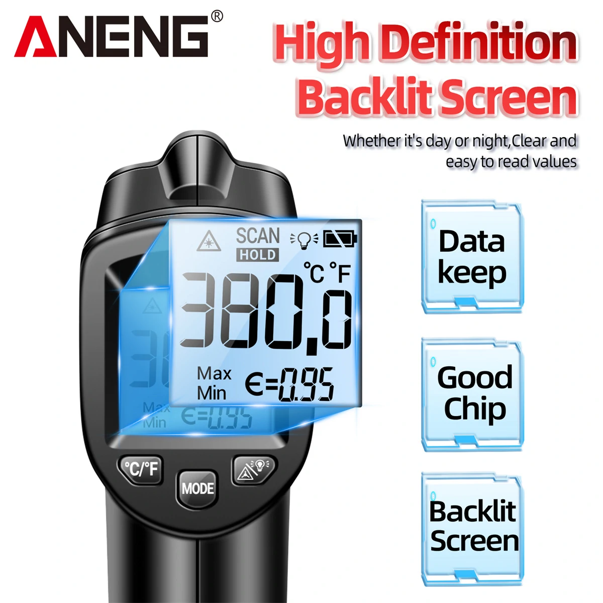 ANENG TH103 Class II Laser Infrared Thermometer Temperature Sensor Testers Gun -20°C~380℃ Industrial Thermal Tube Testing Tools