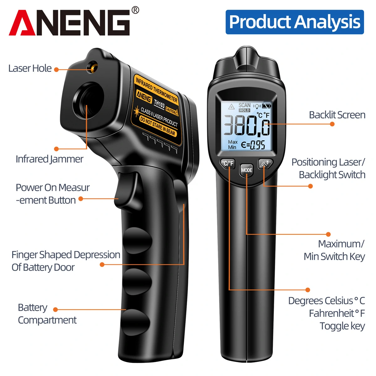 ANENG TH103 Class II Laser Infrared Thermometer Temperature Sensor Testers Gun -20°C~380℃ Industrial Thermal Tube Testing Tools