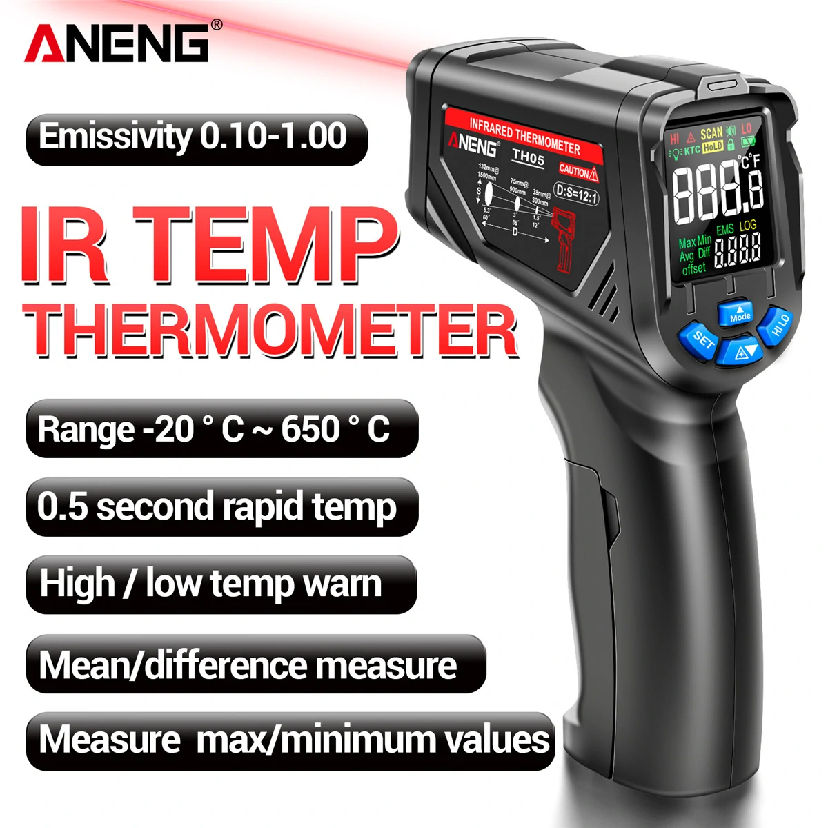 ANENG TH105 Infrared Thermometer Laser Temperature Meter -20~650℃ Non-contact Tempetature Gun with VA Rev