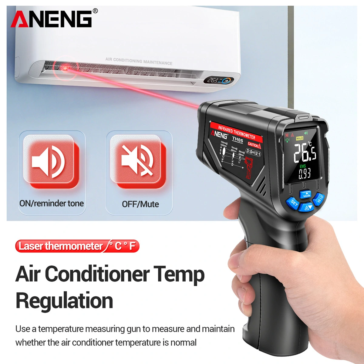 ANENG TH105 Infrared Thermometer Laser Temperature Meter -20~650℃ Non-contact Tempetature Gun with VA Rev