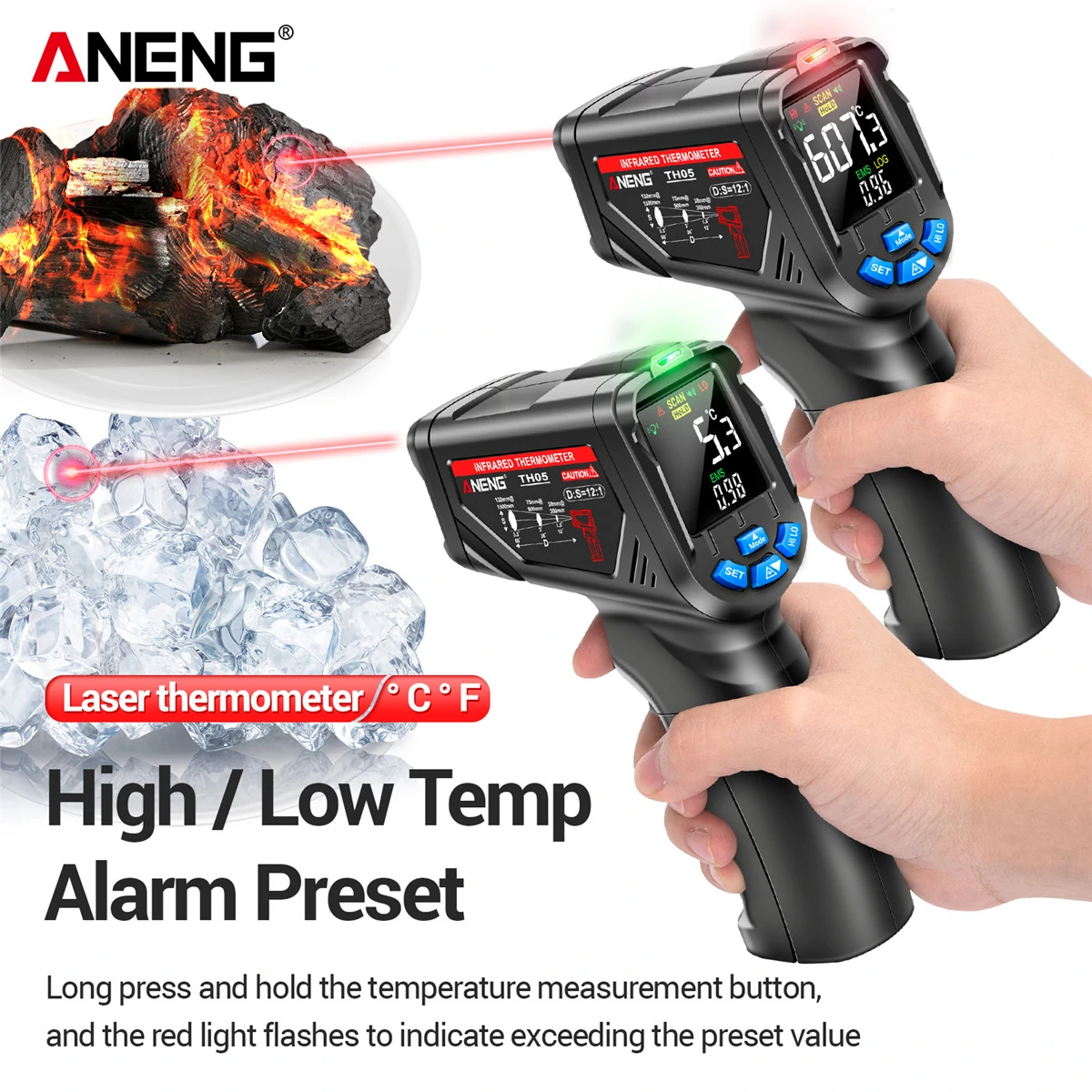 ANENG TH105 Infrared Thermometer Laser Temperature Meter -20~650℃ Non-contact Tempetature Gun with VA Rev