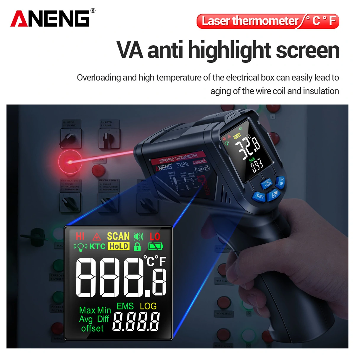 ANENG TH105 Infrared Thermometer Laser Temperature Meter -20~650℃ Non-contact Tempetature Gun with VA Rev