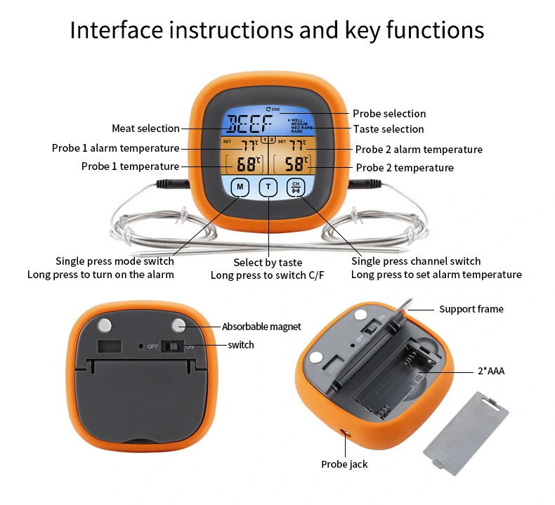 TS-6601-2 Dual-needle Touchscreen Food Thermometer Kitchen Baking Meat Barbecue Thermometer