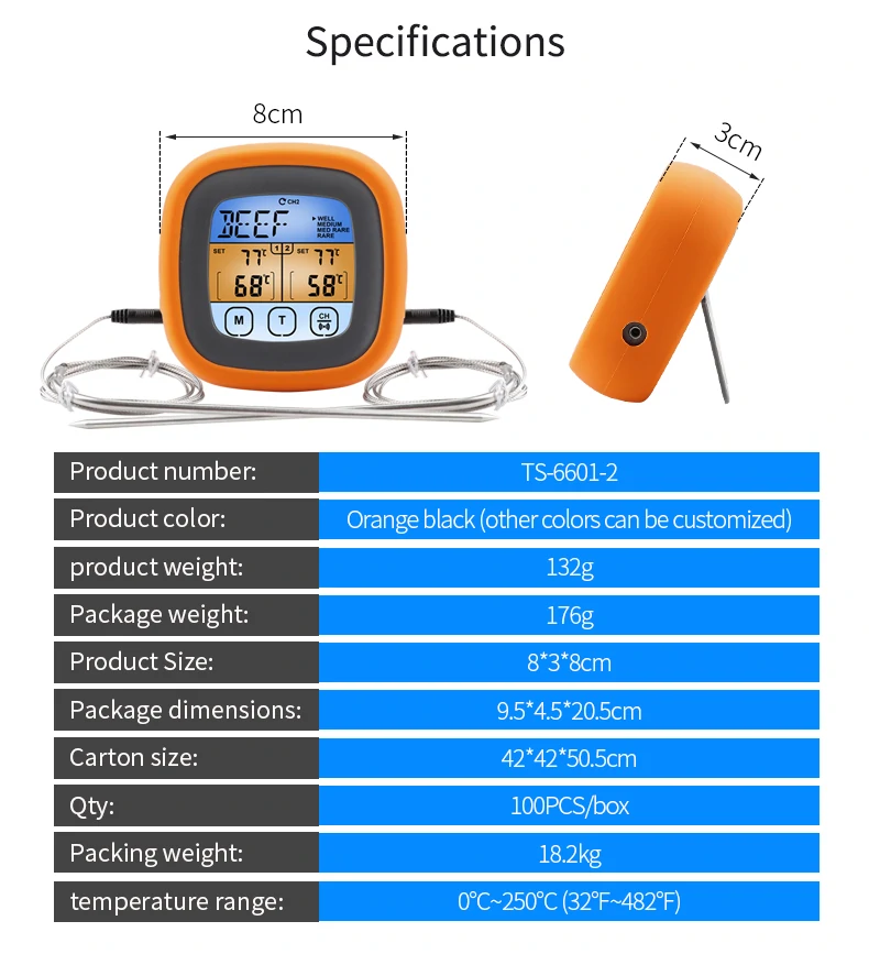 TS-6601-2 Dual-needle Touchscreen Food Thermometer Kitchen Baking Meat Barbecue Thermometer