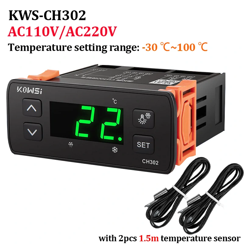 KWS-CH302 AC110-220V LED Digital Thermostat for Incubator Temperature Controller Dual Sensor Refrigeration Defrosting Alarm