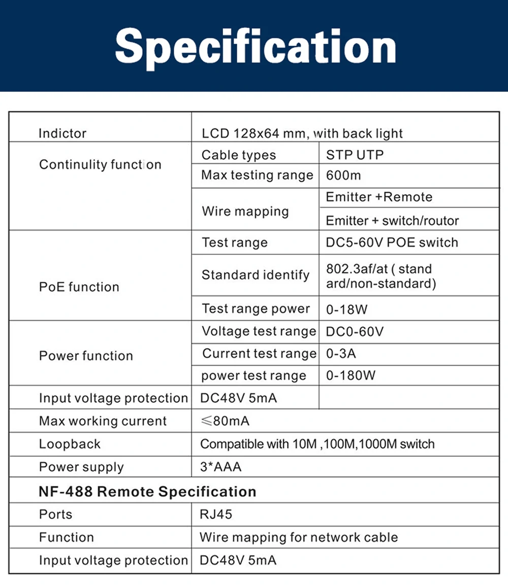 NOYAFA NF-488 Network Cable Tester PoE Switch Online Test PoE Voltage Polarity Cable Tracker Loop Test Tool with LCD Display