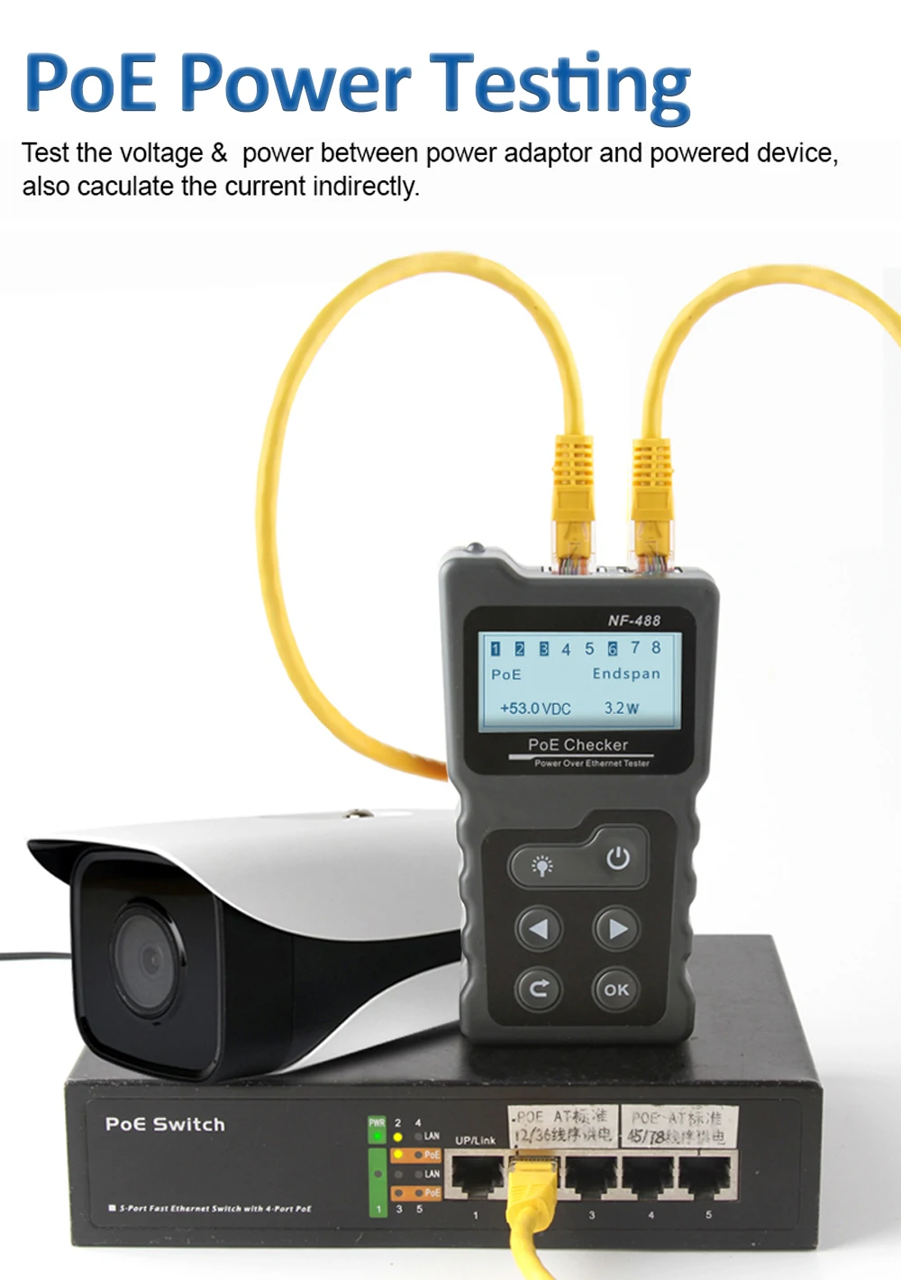 NOYAFA NF-488 Network Cable Tester PoE Switch Online Test PoE Voltage Polarity Cable Tracker Loop Test Tool with LCD Display