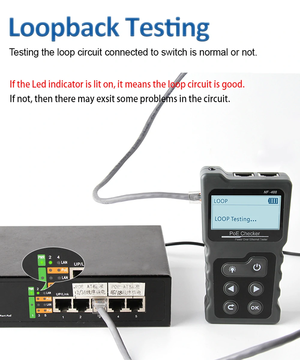 NOYAFA NF-488 Network Cable Tester PoE Switch Online Test PoE Voltage Polarity Cable Tracker Loop Test Tool with LCD Display