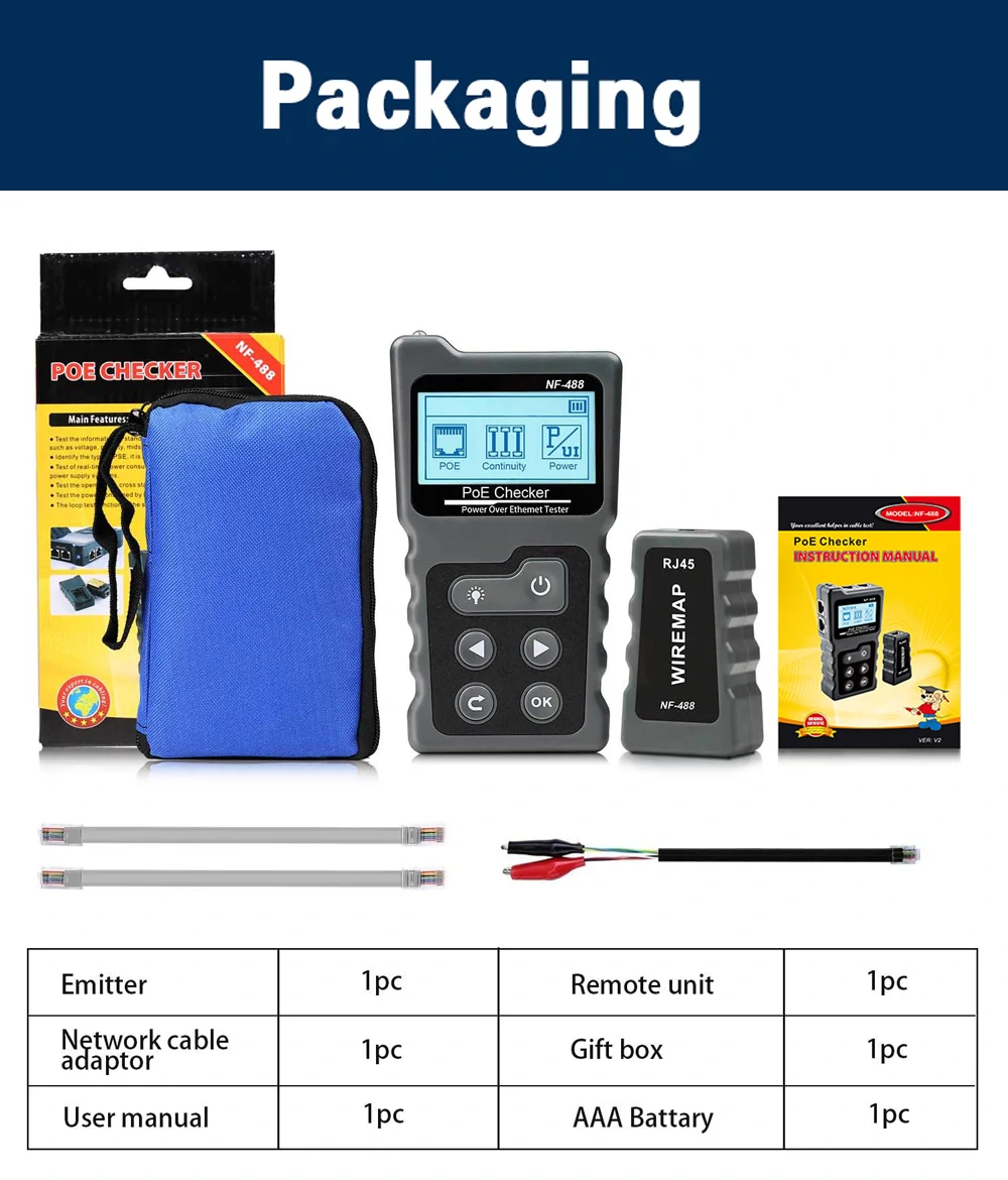NOYAFA NF-488 Network Cable Tester PoE Switch Online Test PoE Voltage Polarity Cable Tracker Loop Test Tool with LCD Display