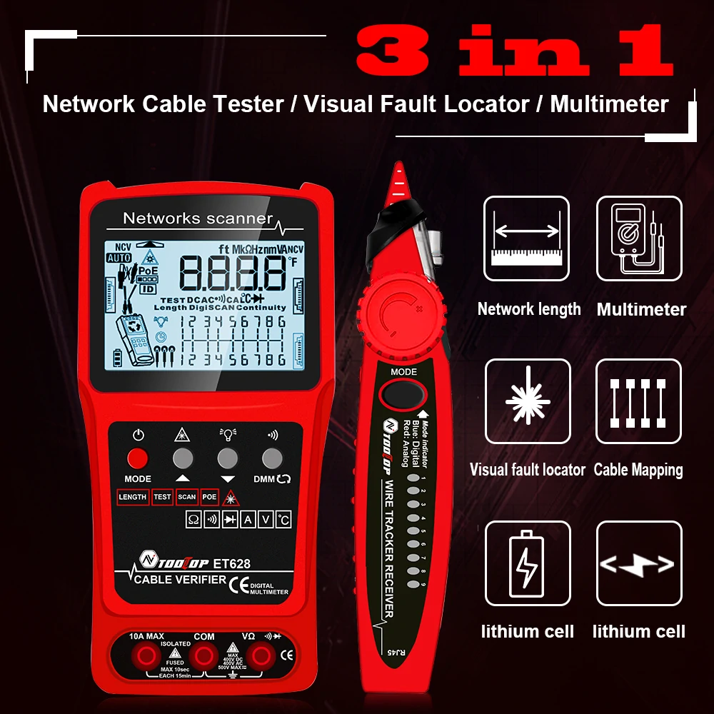 TOOLTOP 3 in 1 Network Cable Tester + Multimeter + Red Light Pen 600M Network Cable Length Measure AC DC Current Voltage Measurement Anti-noise Line Tracker With Bag ET624 ET626 ET628