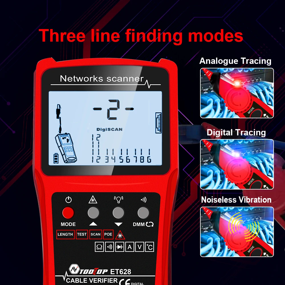 TOOLTOP 3 in 1 Network Cable Tester + Multimeter + Red Light Pen 600M Network Cable Length Measure AC DC Current Voltage Measurement Anti-noise Line Tracker With Bag ET624 ET626 ET628