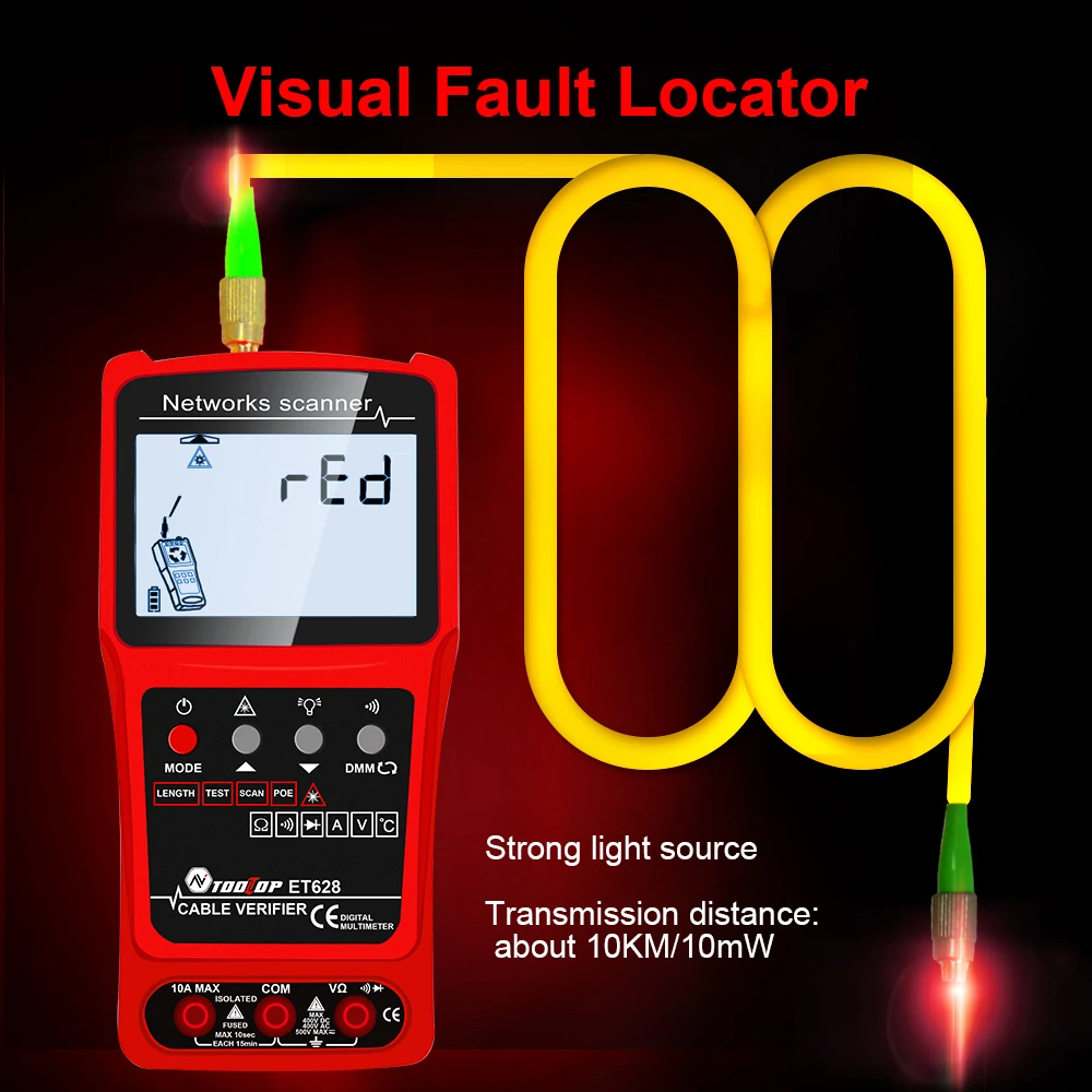 TOOLTOP 3 in 1 Network Cable Tester + Multimeter + Red Light Pen 600M Network Cable Length Measure AC DC Current Voltage Measurement Anti-noise Line Tracker With Bag ET624 ET626 ET628
