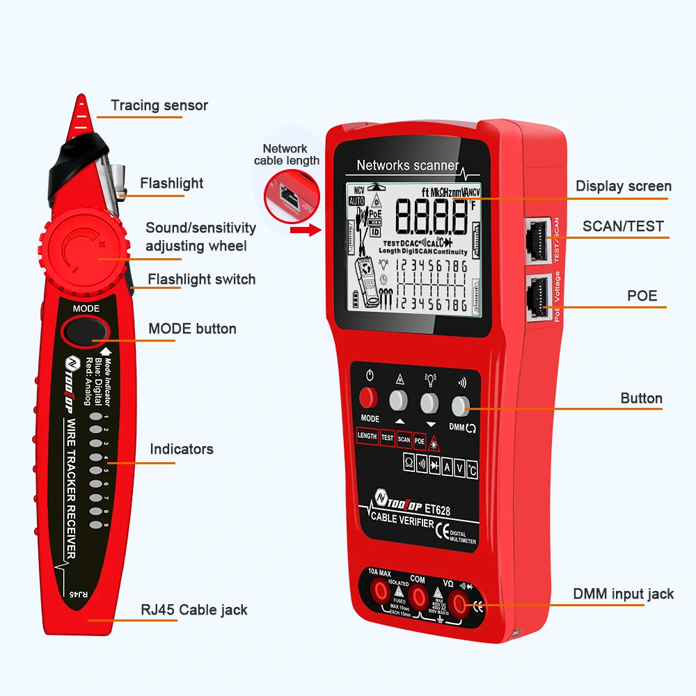 TOOLTOP 3 in 1 Network Cable Tester + Multimeter + Red Light Pen 600M Network Cable Length Measure AC DC Current Voltage Measurement Anti-noise Line Tracker With Bag ET624 ET626 ET628