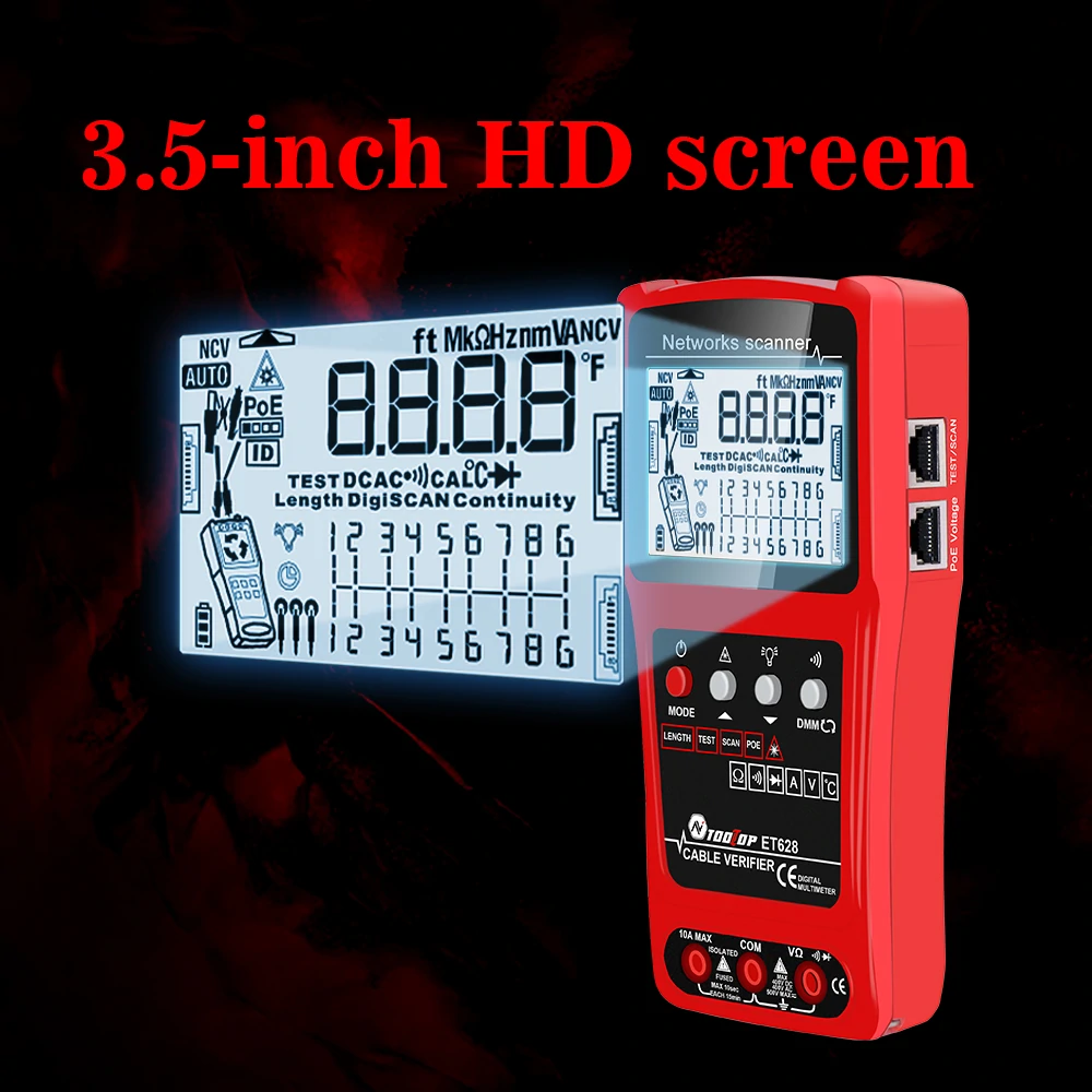 TOOLTOP 3 in 1 Network Cable Tester + Multimeter + Red Light Pen 600M Network Cable Length Measure AC DC Current Voltage Measurement Anti-noise Line Tracker With Bag ET624 ET626 ET628