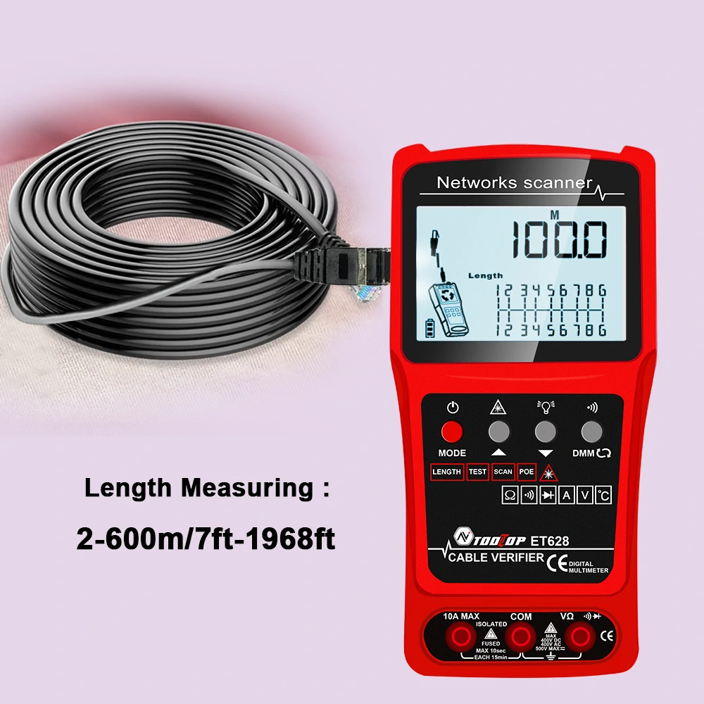TOOLTOP 3 in 1 Network Cable Tester + Multimeter + Red Light Pen 600M Network Cable Length Measure AC DC Current Voltage Measurement Anti-noise Line Tracker With Bag ET624 ET626 ET628