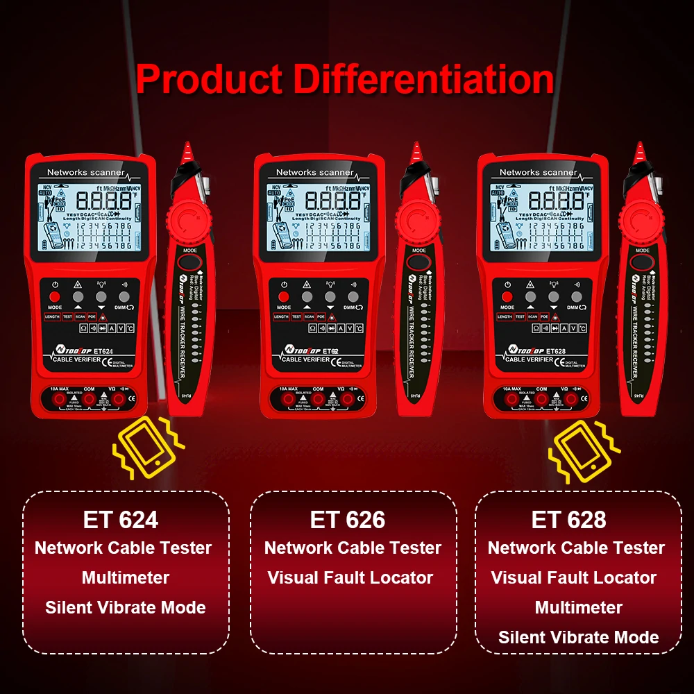 TOOLTOP 3 in 1 Network Cable Tester + Multimeter + Red Light Pen 600M Network Cable Length Measure AC DC Current Voltage Measurement Anti-noise Line Tracker With Bag ET624 ET626 ET628