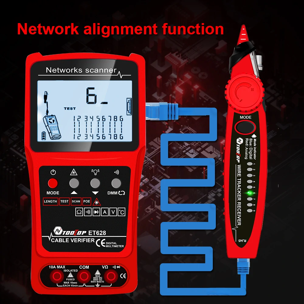 TOOLTOP 3 in 1 Network Cable Tester + Multimeter + Red Light Pen 600M Network Cable Length Measure AC DC Current Voltage Measurement Anti-noise Line Tracker With Bag ET624 ET626 ET628