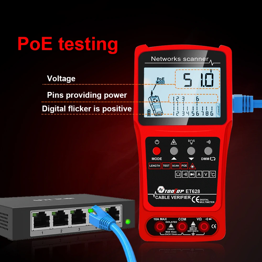 TOOLTOP 3 in 1 Network Cable Tester + Multimeter + Red Light Pen 600M Network Cable Length Measure AC DC Current Voltage Measurement Anti-noise Line Tracker With Bag ET624 ET626 ET628