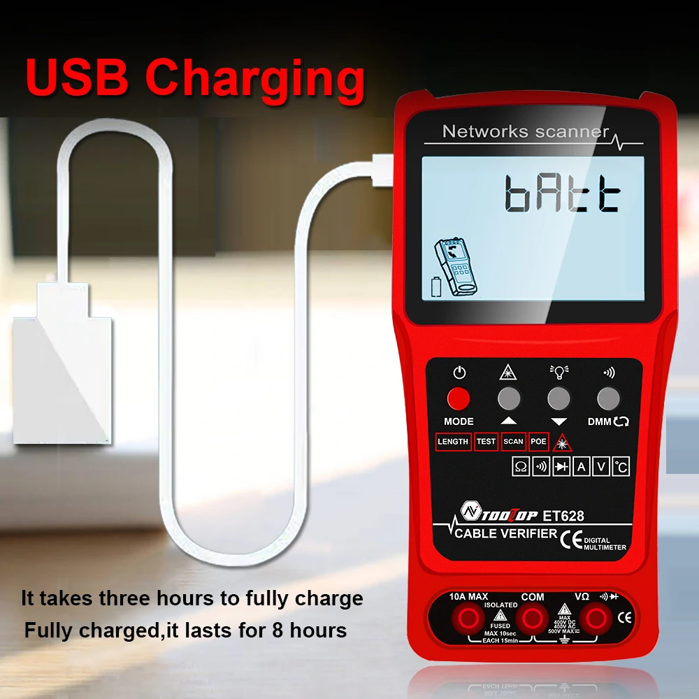 TOOLTOP 3 in 1 Network Cable Tester + Multimeter + Red Light Pen 600M Network Cable Length Measure AC DC Current Voltage Measurement Anti-noise Line Tracker With Bag ET624 ET626 ET628